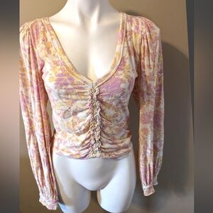 Free People Pastel Floral Long balloon Sleeve deep v neck Top M Excellent